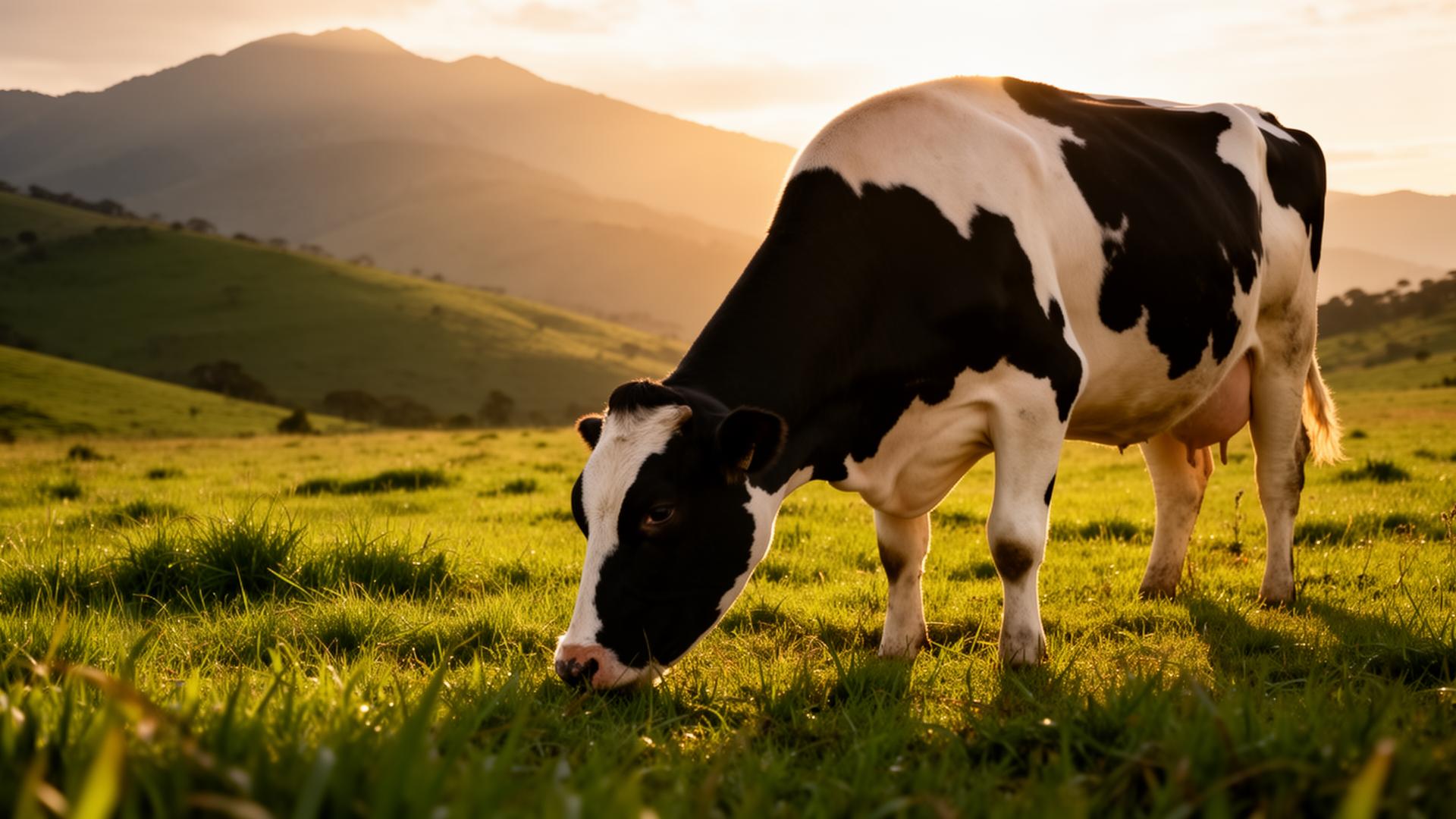 Vaca lechera pastando al amanecer